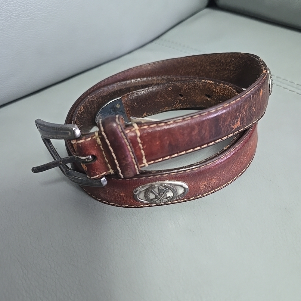 Vintage Fossil Italian Full Grain Cowhide Brown Leather Golf Medallion Belt 36